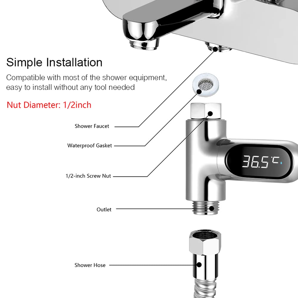 FUCHU LED Digital Shower Display 0~100℃ Bath Water Celsius/Fahrenheit Display 360° Rotating Screen for Home Kitchen Bathroom