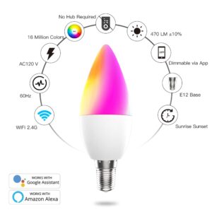 MoesGo Smart Candelabra Led Light Bulbs, WiFi E12 Smart Bulbs, 2700K-6500K CW& RGB Dimmable, Smart Life/Tuya APP Remote Control, Work with Alexa/Google Home, 470lm 5W (40W Equivalent) 4 Pack No Hub