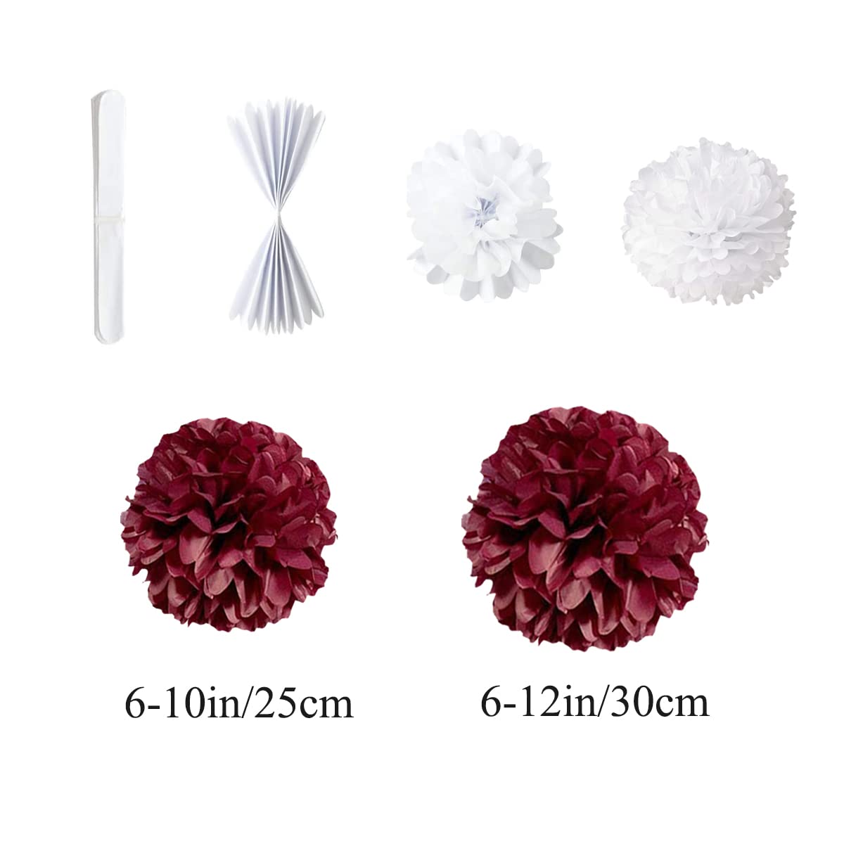 12pcs 10in 12in Burgundy Paper Pom Poms Tissue Paper Flower Hanging Paper Flower Balls Wedding Party Flower Decorations DIY Art Craft Blooms for Birthday Baby Shower Nursery Decor