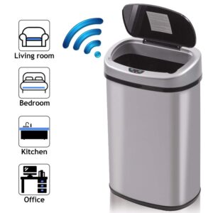 Dkelincs 13 Gallon Kitchen Trash Can Garbage Can with Lid Automatic Touch Free Stainless Steel Trash Can for Home Office Living Room Bedroom, 50 Liter (SS)