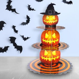 3-Tier Halloween Cupcake Stand for Dessert Table, Halloween Pumpkin Cupcake Tower Halloween Tray Orange Cardboard Cake Dessert Stand for 24 Cupcakes Halloween Party Carnival Decorations