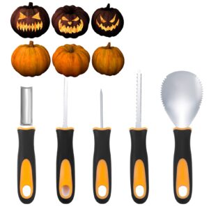 YUET Halloween Pumpkin Carving Kit, 5PCS Professional Sculpting Tools Carving Set, Heavy Duty Stainless Steel, with Carrying Bag, for Adults Or Kids, Halloween Decorations Jack-O-Lanterns (Black)