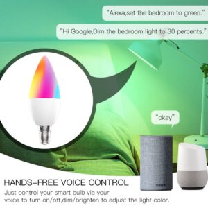 MoesGo Smart Candelabra Led Light Bulbs, WiFi E12 Smart Bulbs, 2700K-6500K CW& RGB Dimmable, Smart Life/Tuya APP Remote Control, Work with Alexa/Google Home, 470lm 5W (40W Equivalent) 4 Pack No Hub