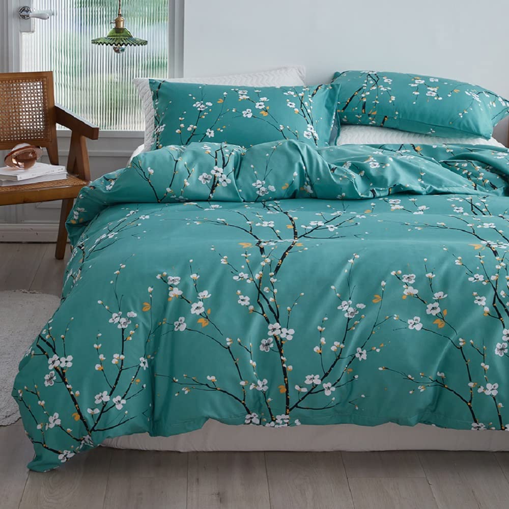 RYNGHIPY Girls Bedding Set Twin Size Teal Pastel Floral Bedding Comforter Set Tree Branch Printing Bedding with Pillowcases Soft Lightweight Down Alternative Bedding Sets All Seasons