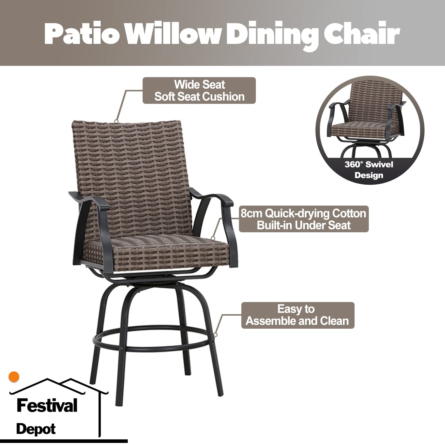 Festival Depot 2pcs Patio Bar Height Stools Rattan Wicker High Back 360° Swivel Chairs Patio Dining Chairs Metal Outdoor Furniture with Soft Seat Cushion for Bistro Lawn Garden Pool