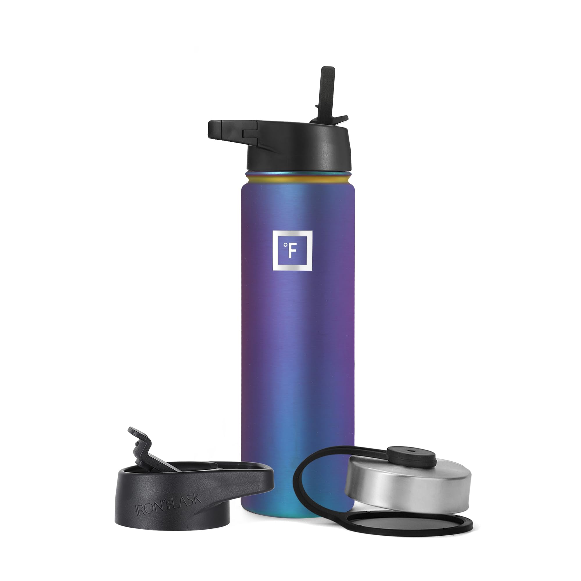 IRON °FLASK Camping & Hiking Hydration Flask with 3 Lids - Stainless Steel, Double Walled & Vacuum Insulated Water Bottle - Leak Proof & BPA Free (Aurora, Straw - 22 oz)