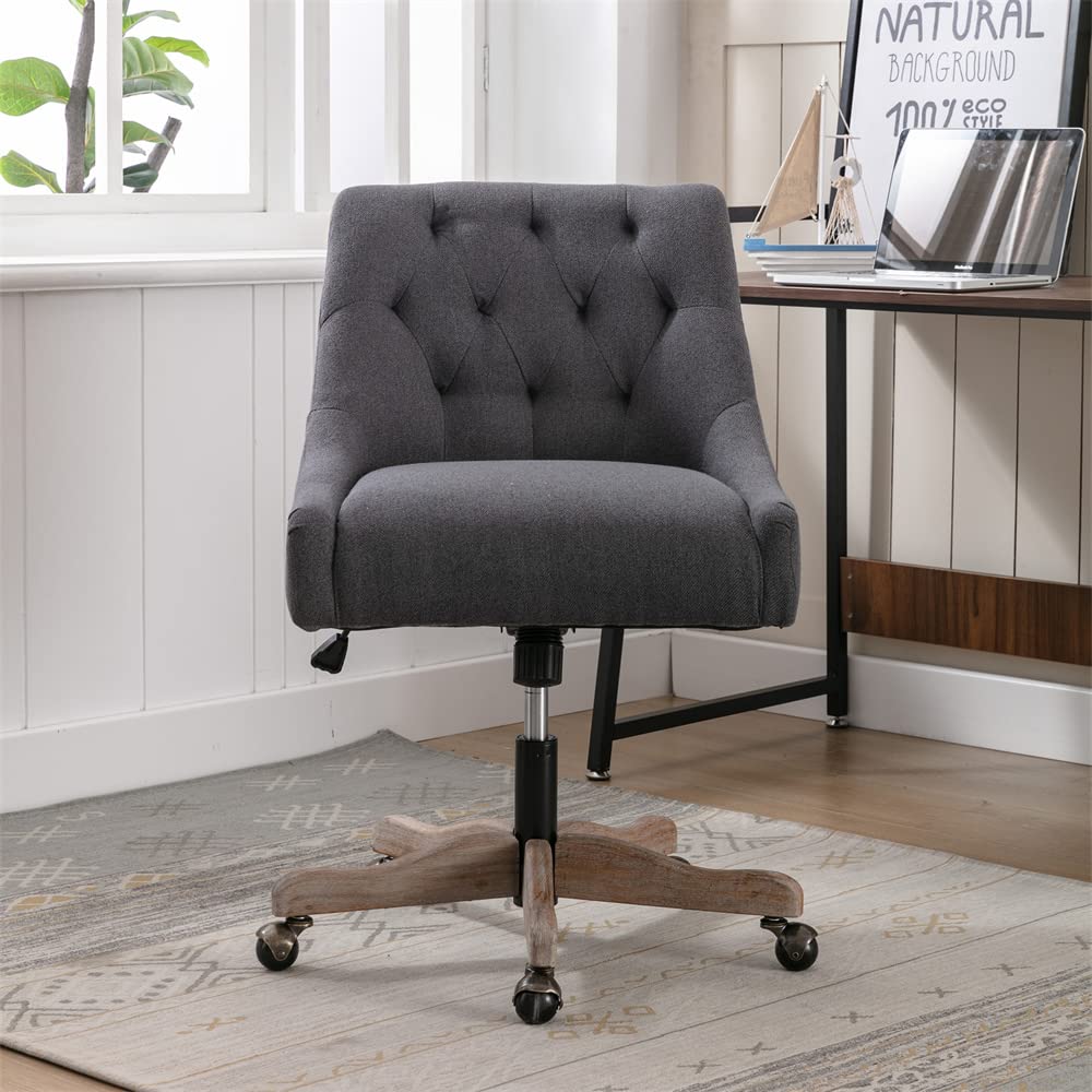 Home Office Chair, Adjustable Upholstered Computer Desk Chair with 360 Degree Swiveling Base, Ergonomic Task Chair Vanity Chair for Office, Living Room, Studying, Charcoal Grey