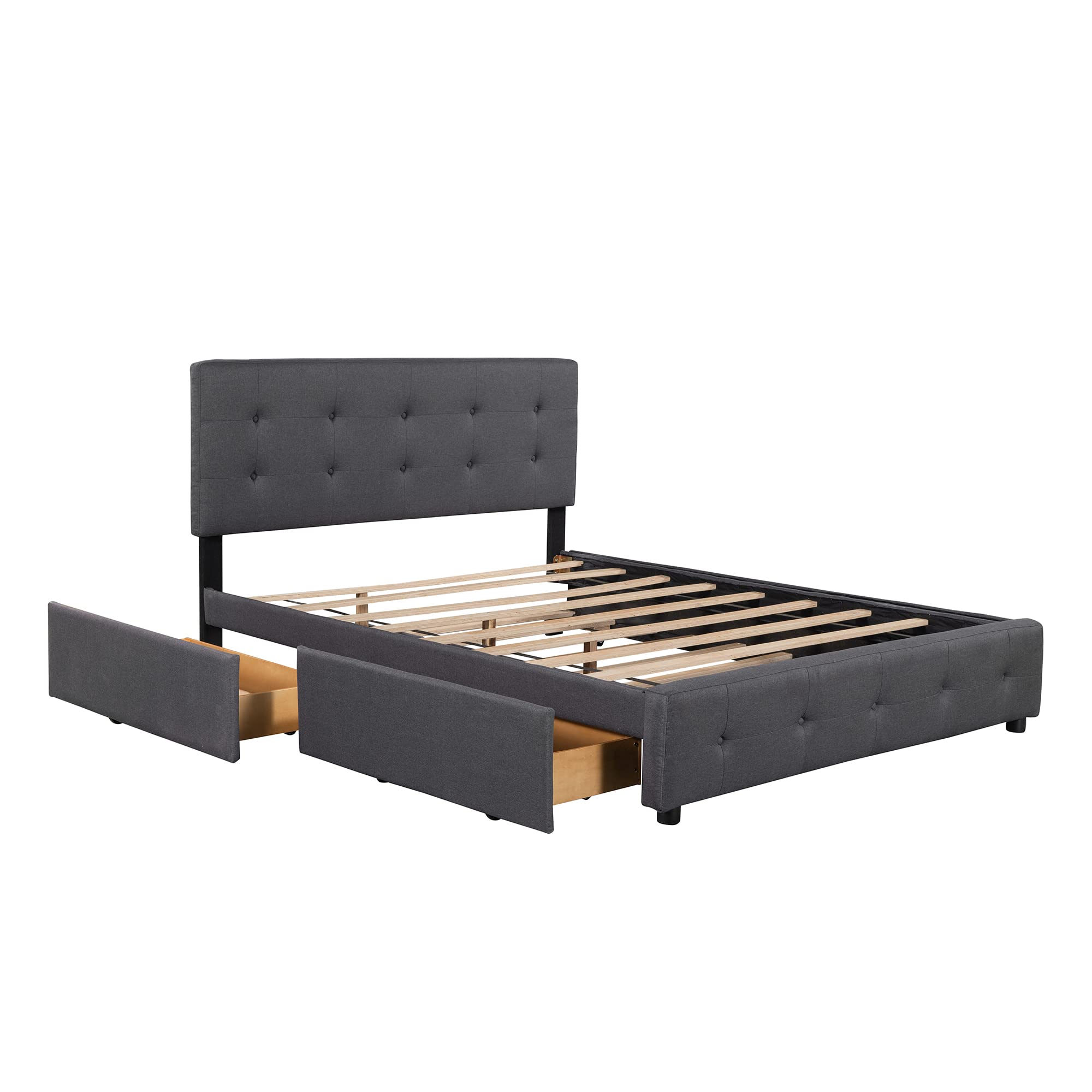 MERITLINE Queen Size Bed with 2 Storage Drawers and a Twin XL Trundle, Upholstered Platform Queen Bed Frame with Tufted Headboard, Linen Fabric, No Box Spring Needed (Dark Gray)