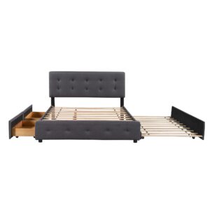 MERITLINE Queen Size Bed with 2 Storage Drawers and a Twin XL Trundle, Upholstered Platform Queen Bed Frame with Tufted Headboard, Linen Fabric, No Box Spring Needed (Dark Gray)