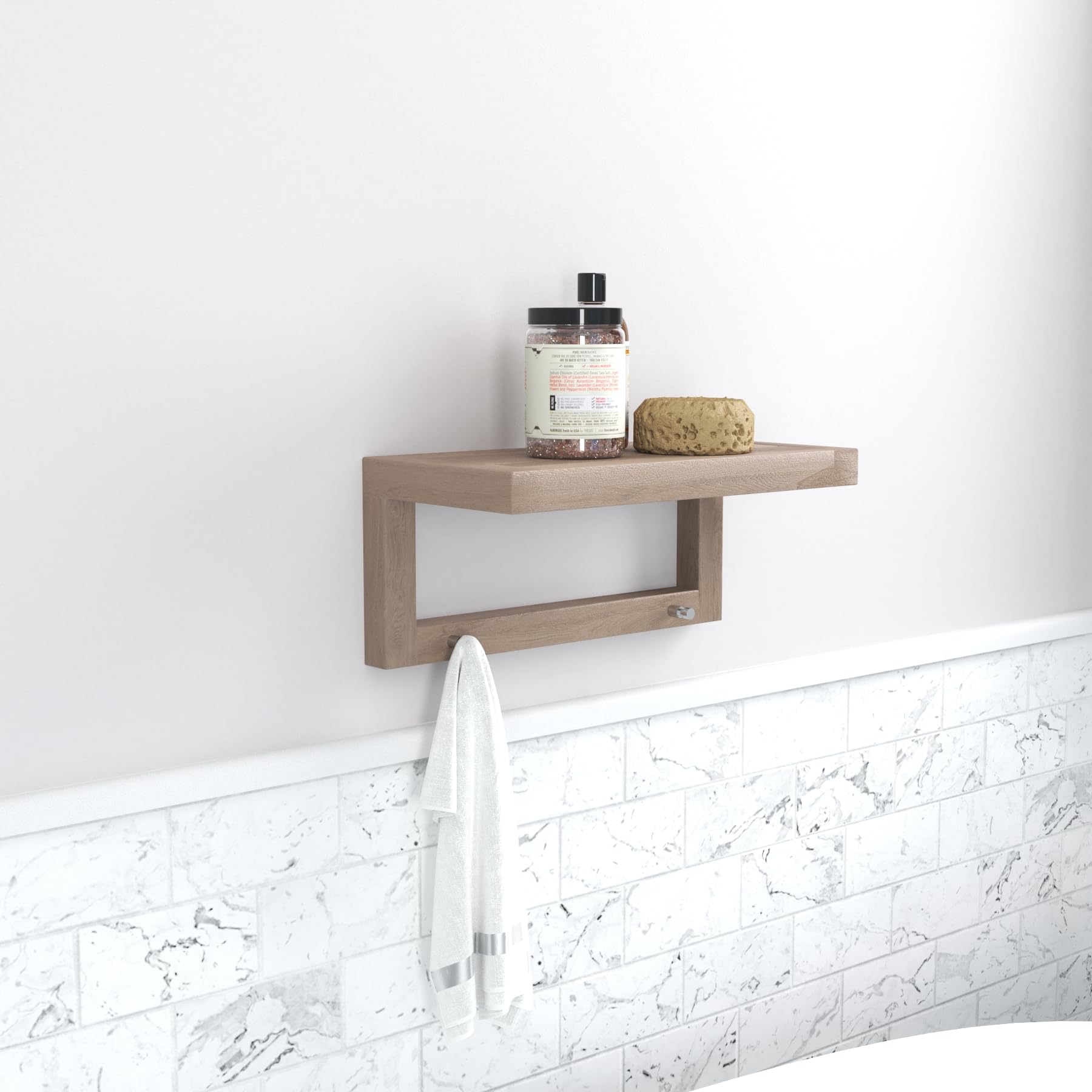 AquaTeak 18" Moa-Mist Teak Wall Shelf with Hooks