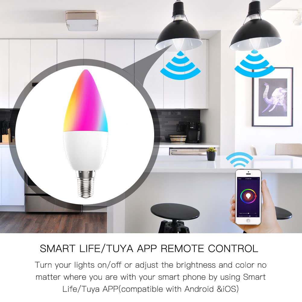 MoesGo Smart Candelabra Led Light Bulbs, WiFi E12 Smart Bulbs, 2700K-6500K CW& RGB Dimmable, Smart Life/Tuya APP Remote Control, Work with Alexa/Google Home, 470lm 5W (40W Equivalent) 4 Pack No Hub