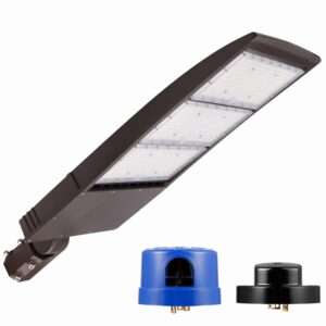 450w dimmable led parking lot light with slip fitter, 5000k daylight 63000lm 140lm/w, [dusk to dawn photocell&shorting cap included] outdoor led shoebox lights, ul/dlc commercial lighting fixture