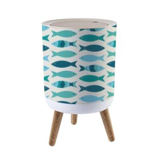 round trash can with lid coastal fish seamless blue teal green fish a light sand modern press top recycle bin small garbage can dog proof wastebasket wooden legs bathroom kitchen 7l/1.8 gallon