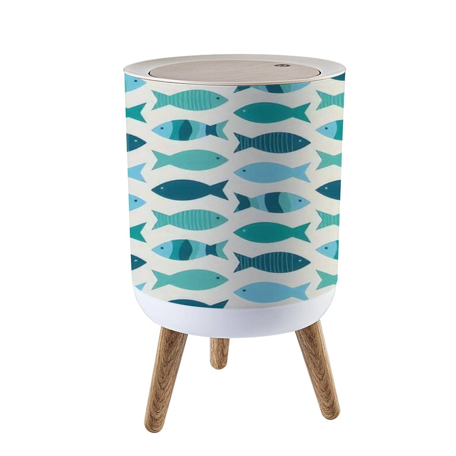 Round Trash Can with Lid Coastal fish seamless blue teal green fish a light sand Modern Press Top Recycle Bin Small Garbage Can Dog Proof Wastebasket Wooden Legs Bathroom Kitchen 7L/1.8 Gallon