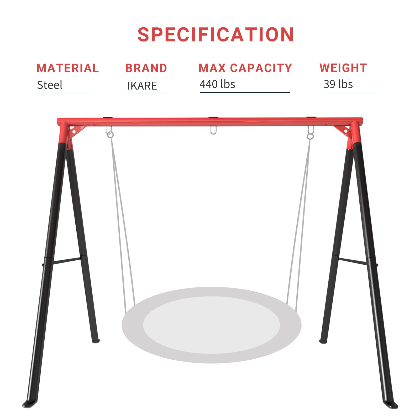 IKARE Upgraded Heavy Duty Metal Swing Frame with Ground Nails, Swing Stand for 440lbs Load Capacity, Fits for Most Swings, Great for Indoor and Outdoor Activities (Red & Black)