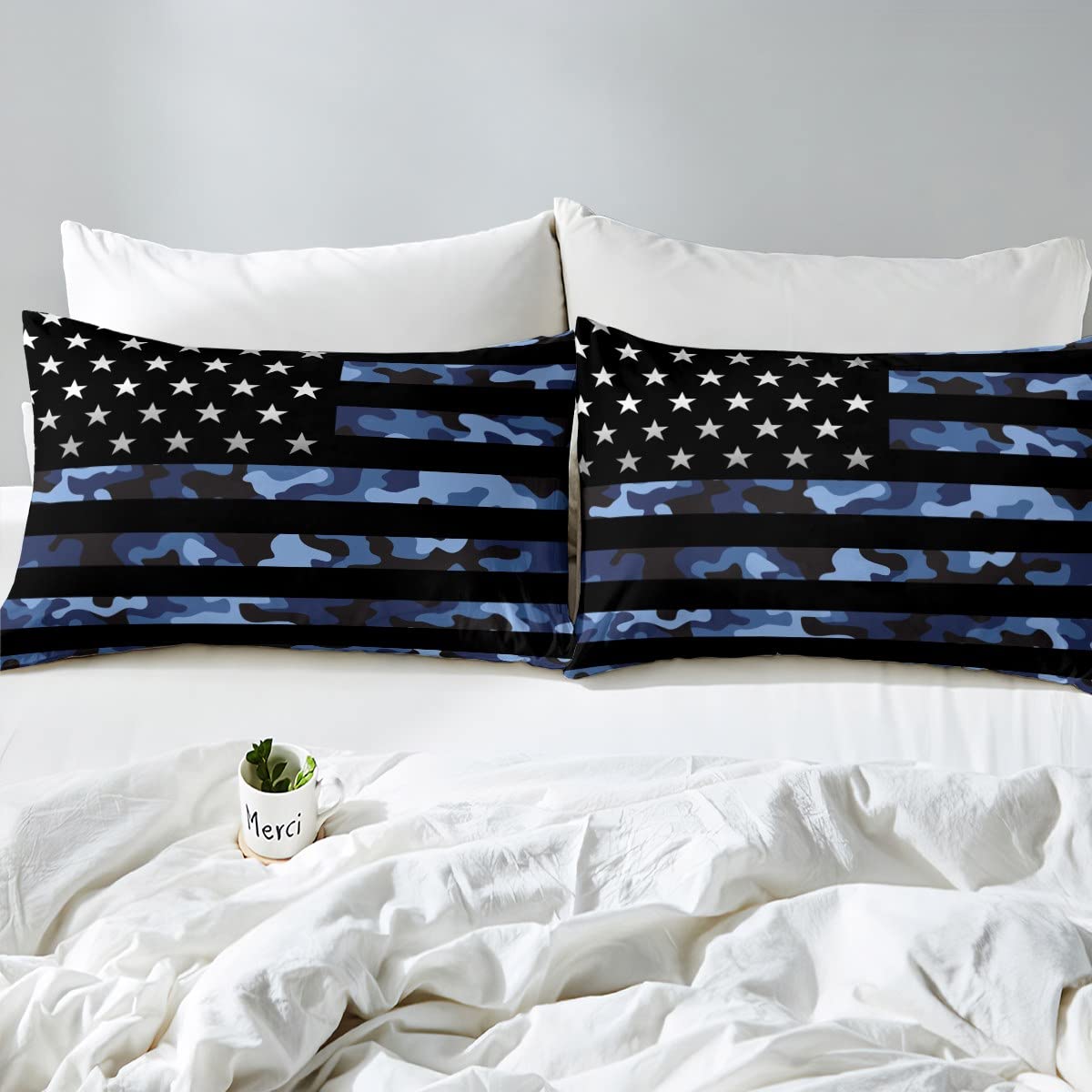 Blue Camo American Flag Full Size Duvet Cover Set,Camouflage Stars Stripes USA Flag Duvet Cover for Girls Teens Decorative Bedroom,Navy Blue Black Polyester Quilt Cover with 2 Pillowcases