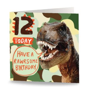 maturi '12 today. have a rawrsome birthday' dinosaur greetings card - blank inside, 6” x 6” square