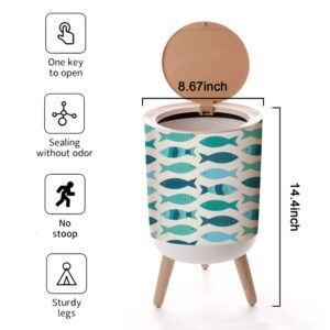 Round Trash Can with Lid Coastal fish seamless blue teal green fish a light sand Modern Press Top Recycle Bin Small Garbage Can Dog Proof Wastebasket Wooden Legs Bathroom Kitchen 7L/1.8 Gallon