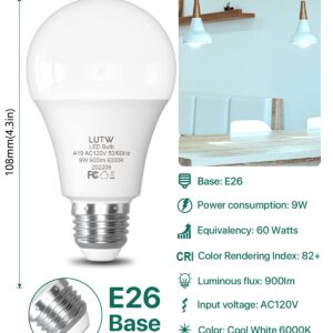 LUTW LED Light Bulbs 60 Watts Equivalent, 900 Lumen Standard LED Bulb, 9W E26 Base Cool White 6000K Non-Dimmable, Perfect for Bedroom and Living Room Lighting, 6 Pack