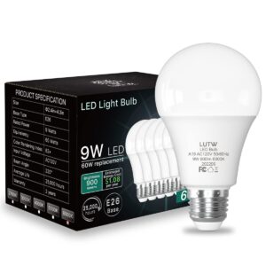 LUTW LED Light Bulbs 60 Watts Equivalent, 900 Lumen Standard LED Bulb, 9W E26 Base Cool White 6000K Non-Dimmable, Perfect for Bedroom and Living Room Lighting, 6 Pack