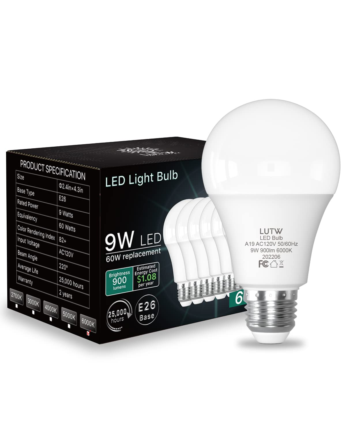 LUTW LED Light Bulbs 60 Watts Equivalent, 900 Lumen Standard LED Bulb, 9W E26 Base Cool White 6000K Non-Dimmable, Perfect for Bedroom and Living Room Lighting, 6 Pack