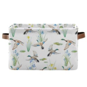 oyihfvs flying mallard ducks yellow blue iris lotus with leaves on white 1 pc rectangle storage basket collapsible fabric with leather handles bag organizer clothes for home bedroom 15 x 11 x 9.5 in