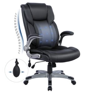 high back executive office chair- ergonomic home computer desk leather chair with padded flip-up arms, swivel rolling chair for adult working study-black