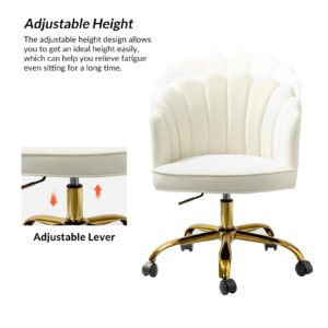 HULALA HOME Velvet Home Office Chair with Gold Base, Womans Modern Cute Shell Back Upholstered Desk Chair for Vanity, Adjustable Swivel Task Chair for Living Room, Ivory Chair for Desk