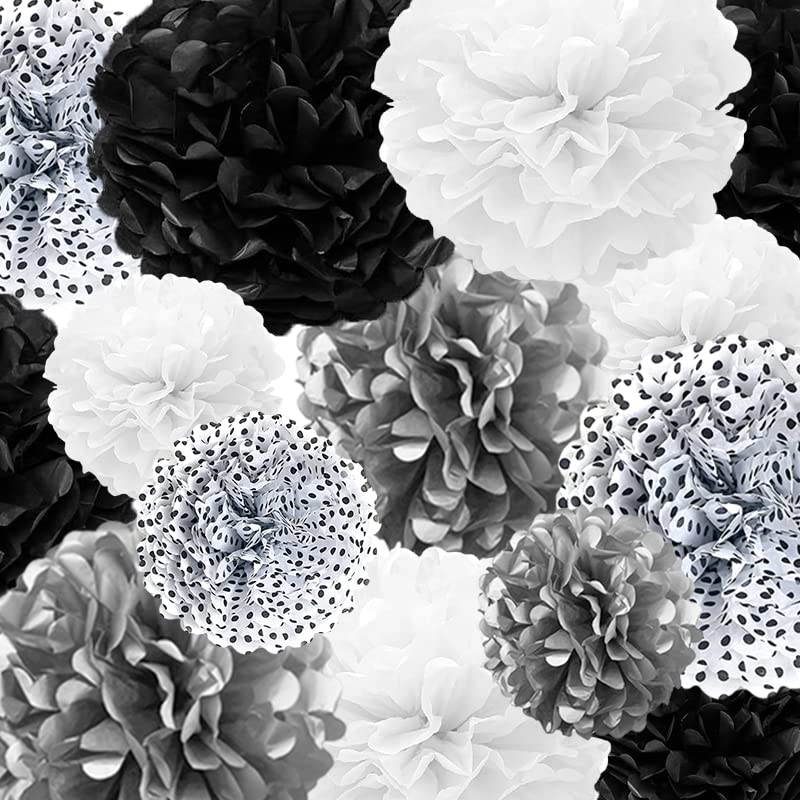 Tissue Paper Pompoms Paper Flower 22 Pcs Black,Silver, Polka Dot, White Paper Flower Ball for Birthday Bachelorette Wedding Baby Shower Bridal Shower Party Decoration