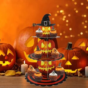 3-Tier Halloween Cupcake Stand for Dessert Table, Halloween Pumpkin Cupcake Tower Halloween Tray Orange Cardboard Cake Dessert Stand for 24 Cupcakes Halloween Party Carnival Decorations