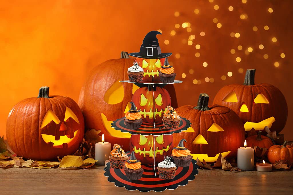 3-Tier Halloween Cupcake Stand for Dessert Table, Halloween Pumpkin Cupcake Tower Halloween Tray Orange Cardboard Cake Dessert Stand for 24 Cupcakes Halloween Party Carnival Decorations