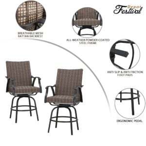 Festival Depot 2pcs Patio Bar Height Stools Rattan Wicker High Back 360° Swivel Chairs Patio Dining Chairs Metal Outdoor Furniture with Soft Seat Cushion for Bistro Lawn Garden Pool