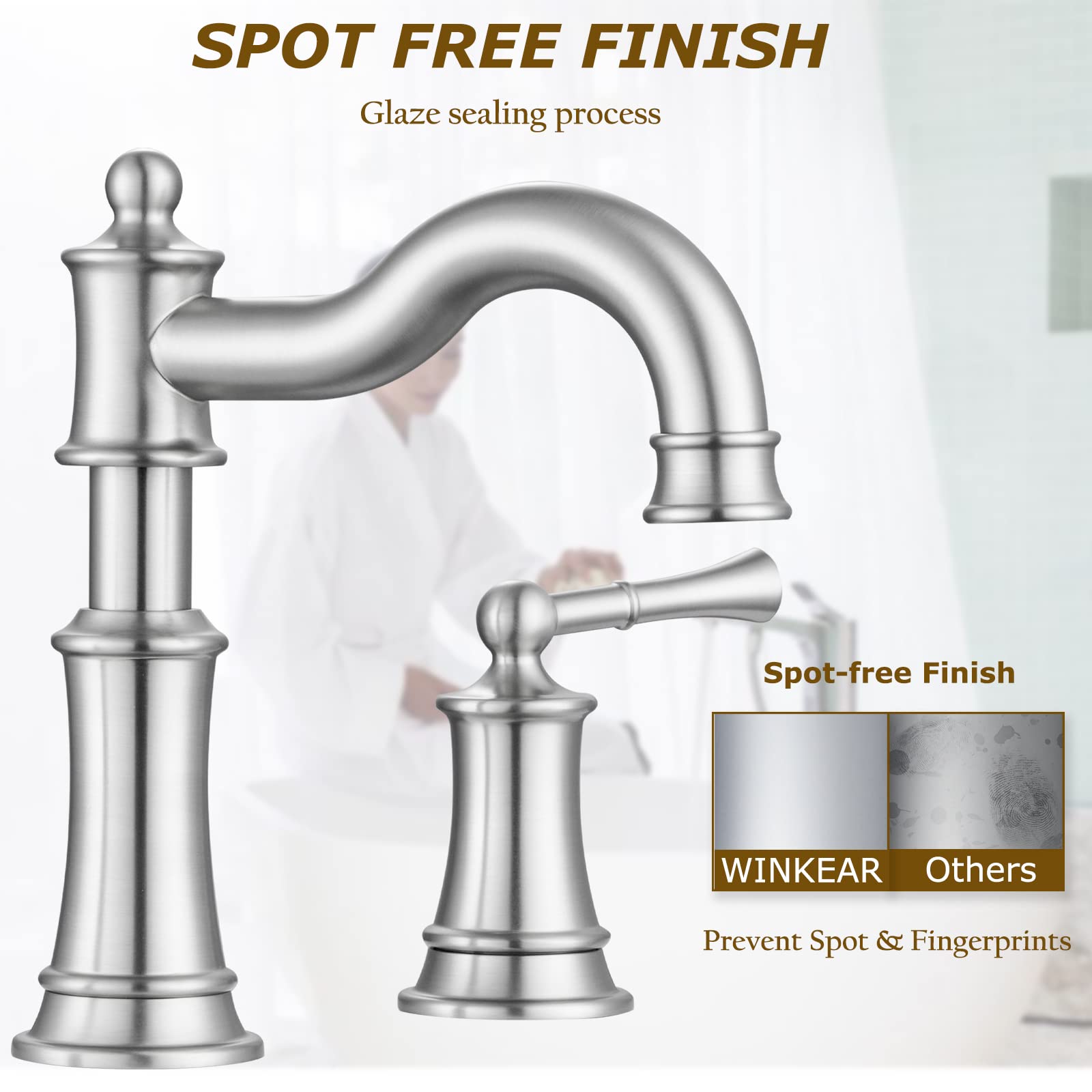 WINKEAR Roman Bathroom Sink Faucet 3 Holes Brushed Nickel 2 Handle Widespread 8 inch Deck Mount Installation with Overflow Pop Up Drain Assembly and Water Supply Lines