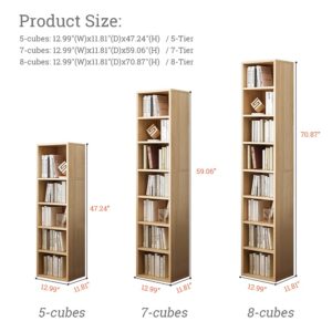 IOTXY Small Narrow Corner Bookcase - 59 Inches Tall Gap Freestanding Storage Cabinet, 7 Lattices Open Shelves Tower Rack, Cubes Bookshelf in Oak