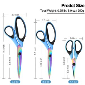 Craft Scissors Set of 3 Pack, All Purpose Sharp Titanium Blades Shears, Rubber Comfort Grip Handle, Multipurpose Fabric Scissors Tool Set Great for Office, Sewing, Arts, School and Home Supplies, Blue