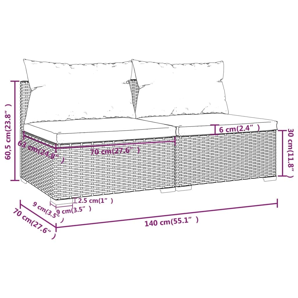 vidaXL Outdoor Patio Furniture Set 2-Piece with Cushions - Brown Poly Rattan Lounge Set for Garden, Deck, and Porch