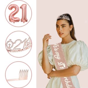 21st Birthday Decorations For Her ZJDZTK,Including Rose Gold 21st Birthday Sash,Crown,Cake Topper,Digital Candles,Balloons Set,Accompanying Birthday Card And Beautiful Gift Box