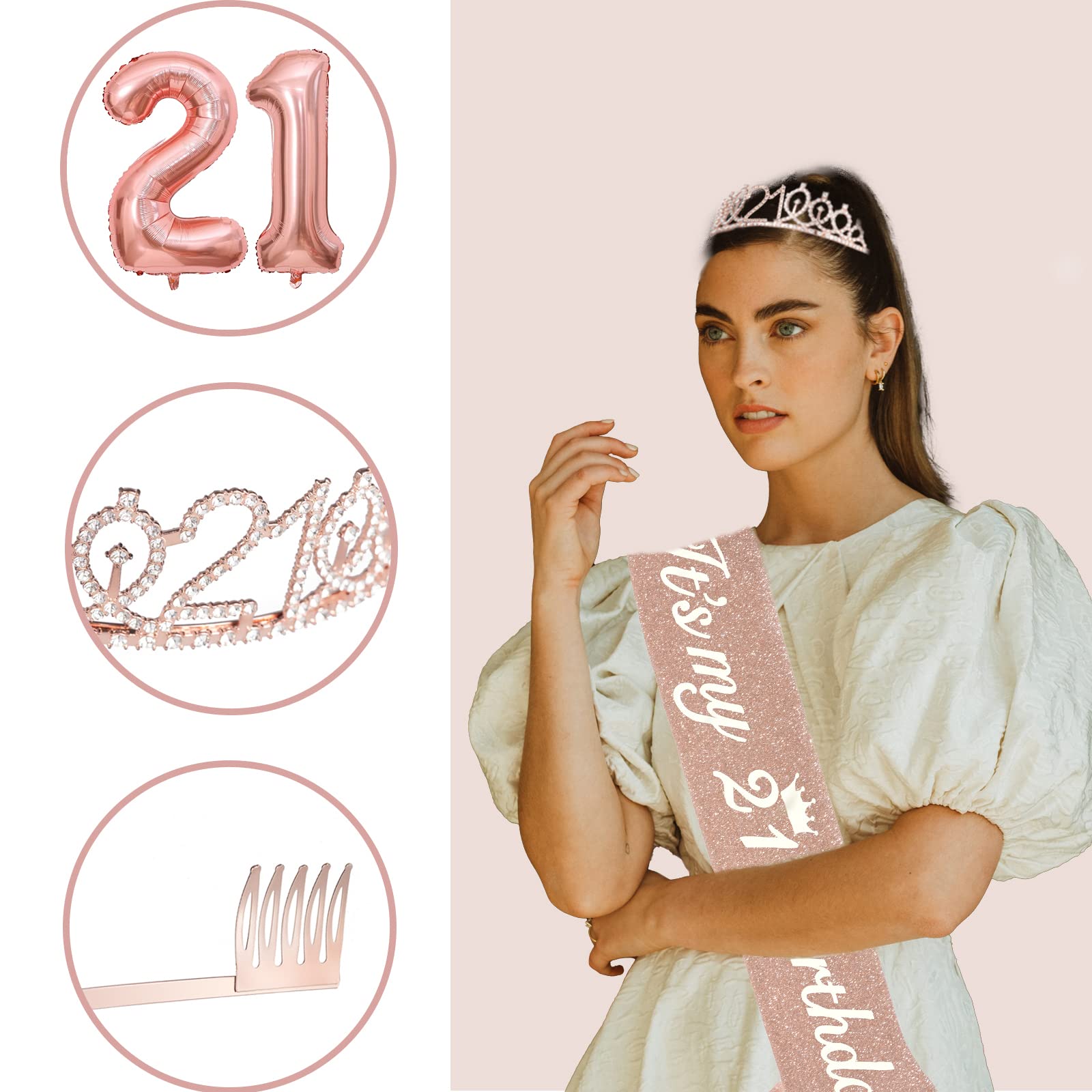 21st Birthday Decorations For Her ZJDZTK,Including Rose Gold 21st Birthday Sash,Crown,Cake Topper,Digital Candles,Balloons Set,Accompanying Birthday Card And Beautiful Gift Box