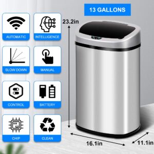 Dkelincs 13 Gallon Kitchen Trash Can Garbage Can with Lid Automatic Touch Free Stainless Steel Trash Can for Home Office Living Room Bedroom, 50 Liter (SS)