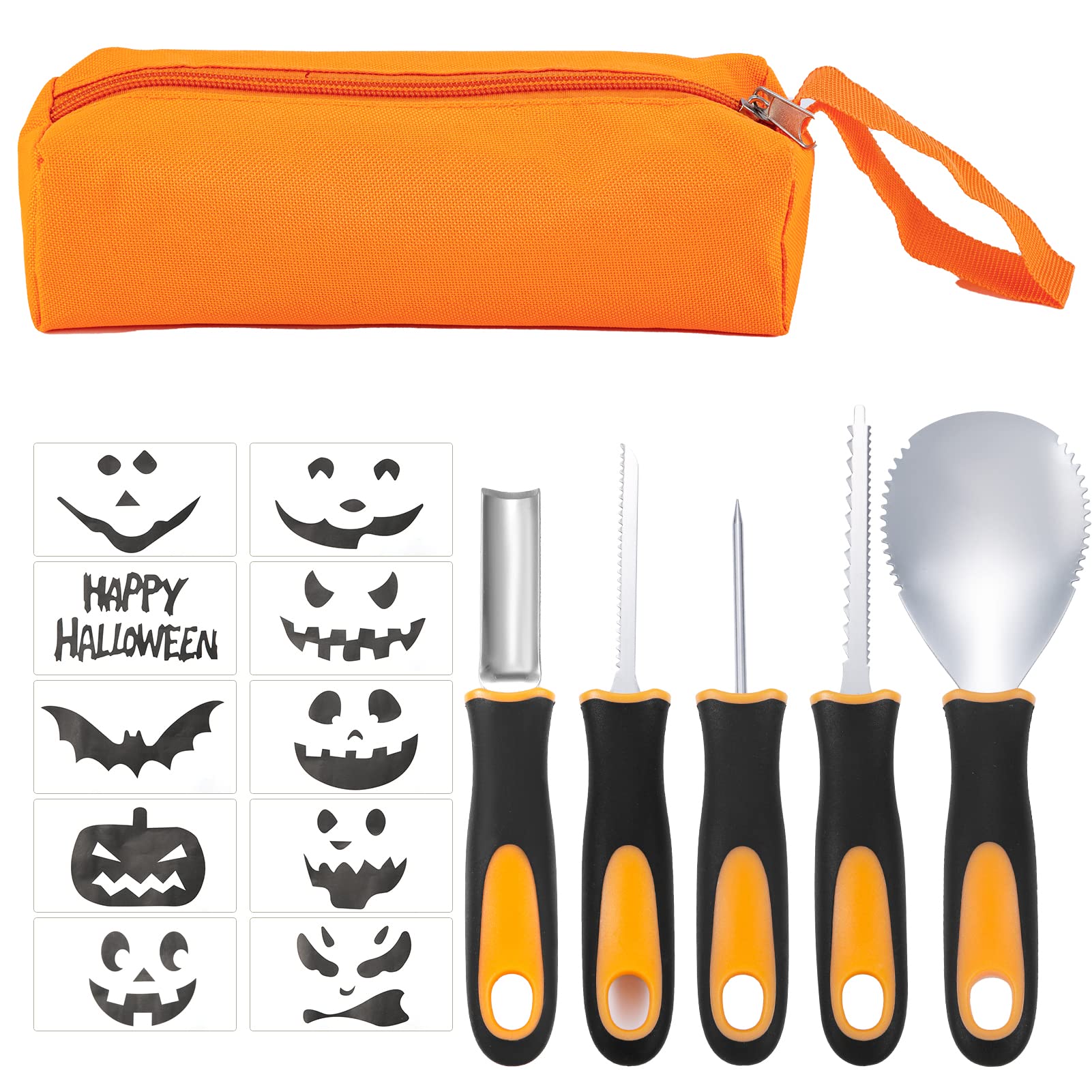 YUET Halloween Pumpkin Carving Kit, 5PCS Professional Sculpting Tools Carving Set, Heavy Duty Stainless Steel, with Carrying Bag, for Adults Or Kids, Halloween Decorations Jack-O-Lanterns (Black)