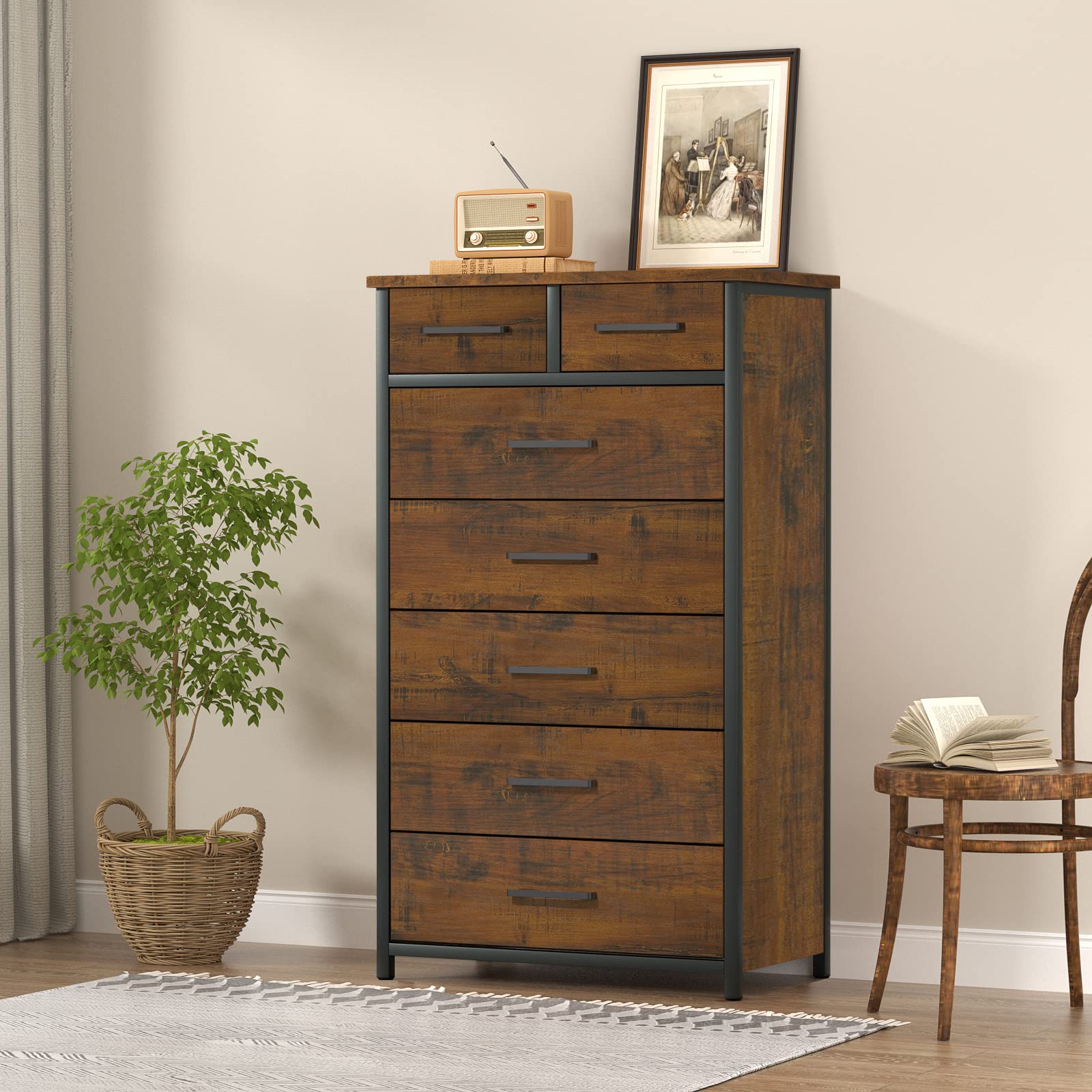 IKENO 7 Drawer Tall Dresser with Sturdy Metal Frame, Industrial Drawer Chest for Bedroom, Clothes Storage Cabinet