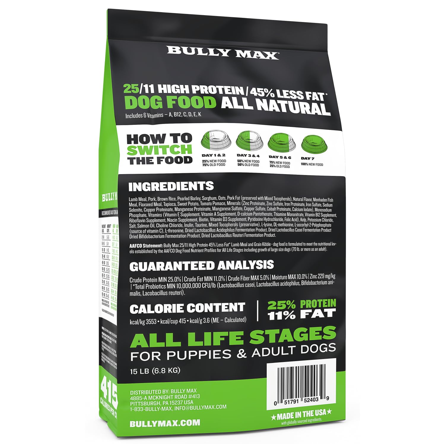 Bully Max 25/11 High Protein & Low Fat Dry Lamb Dog Food for Puppies and Adult Dogs - Chicken-Free Lamb Flavor - Natural Puppy Food for All Ages, Small and Large Breeds - Large Kibble Size, 5 lb. Bag