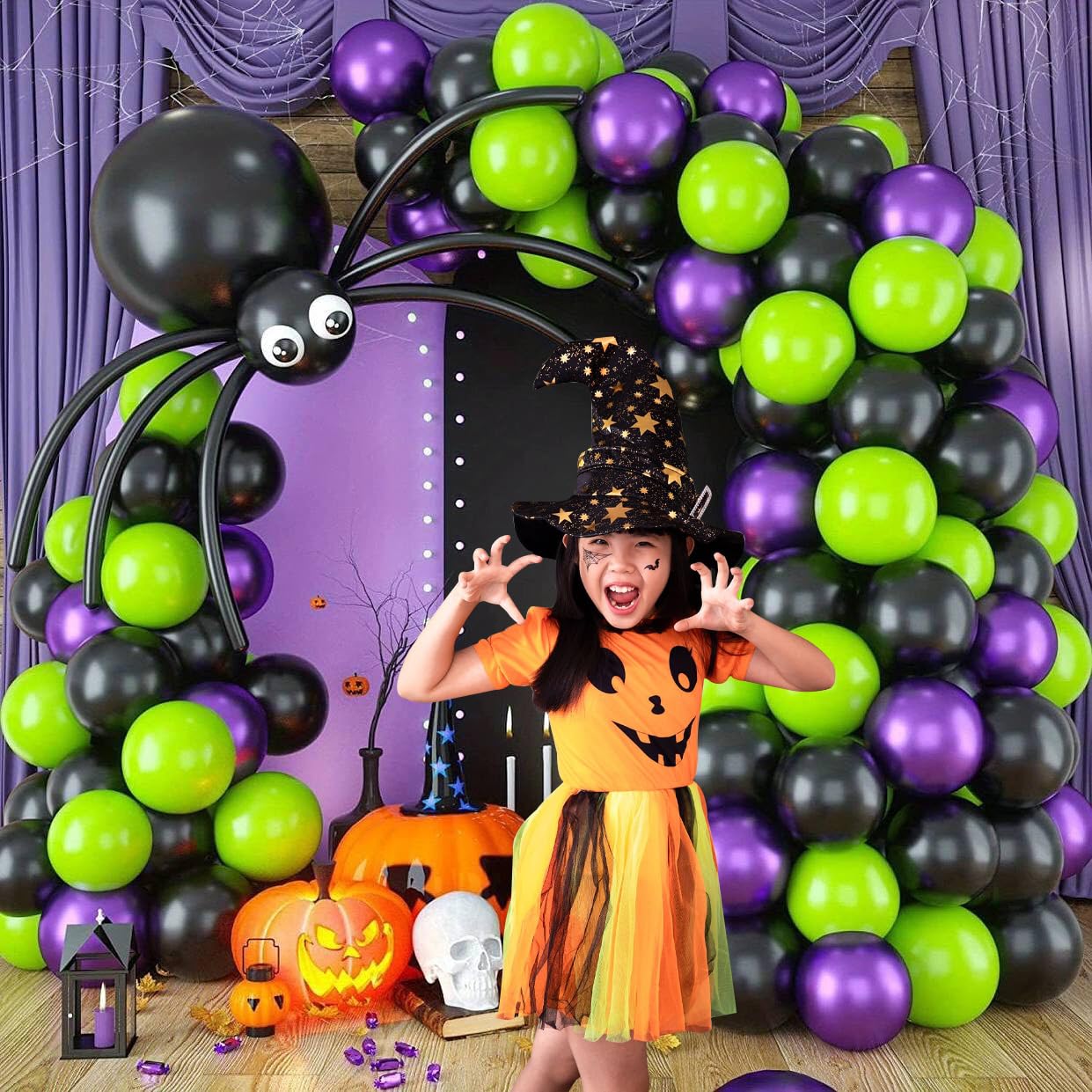 Halloween Balloon Garland Arch kit with Black Green Metallic Purple Balloons Spider Balloons, Long Balloons for Halloween Party Classroom Background Decoration