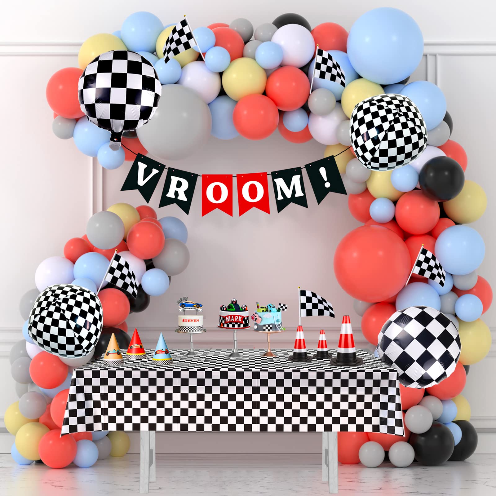 Race Balloon Garland Arch Kit Pastel Coral Gray Yellow Baby Blue Black White Balloons with Checkered Foil Balloons Tablecloth Flag Banner for Car Sports Birthday Baby Shower Decorations Party Supplies