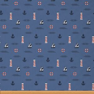 upholstery nautical fabric by the yard, anchor sailboat printed decorative fabric for upholstery and home diy projects, ocean themed lighthouse waterproof outdoor fabric, 10 yard, navy blue