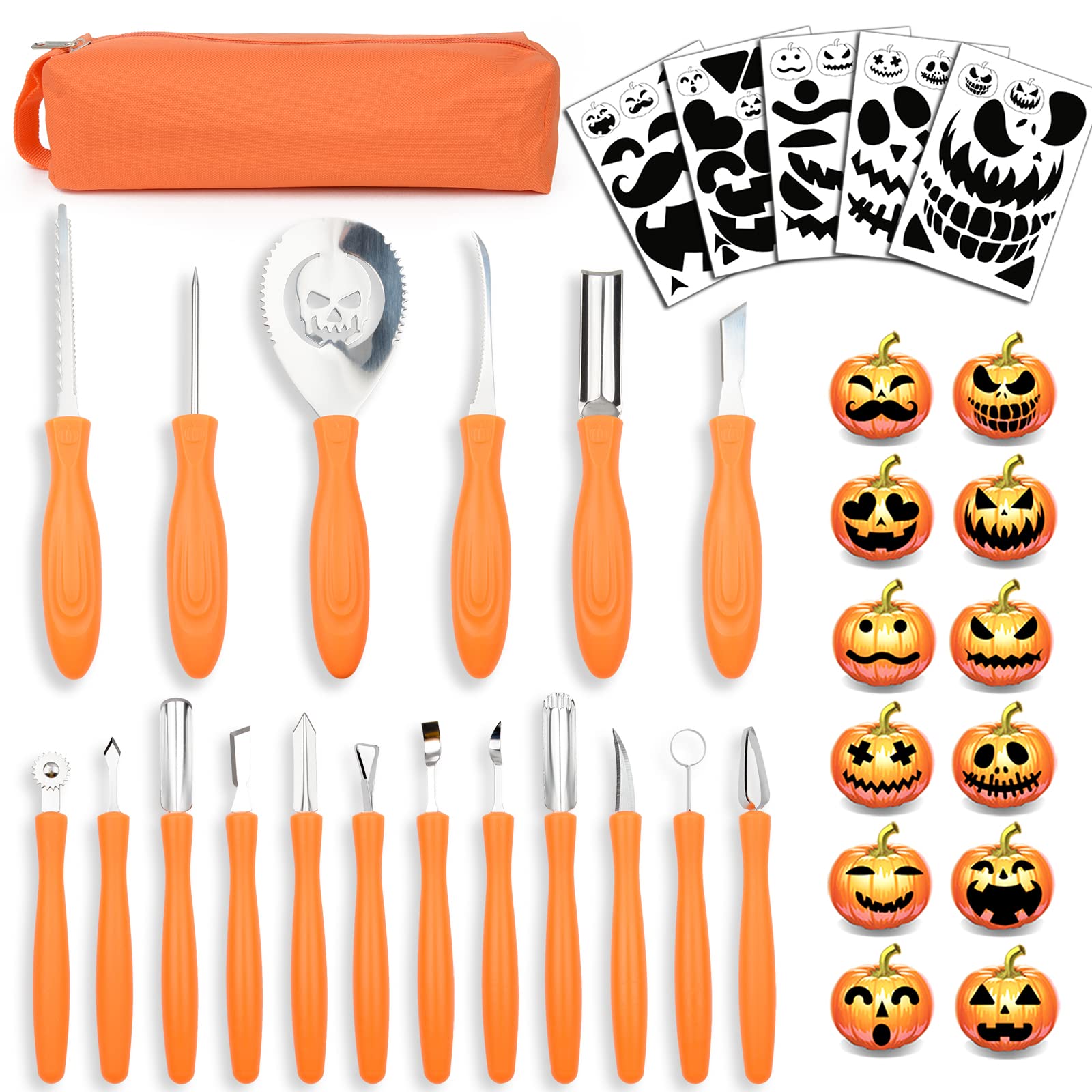 Upgraded 18 PCS Pumpkin Carving Kit Halloween Professional Heavy Duty Punkin Carver Knives and Tools with Carrying Case for Adults & Kids with Professional Sculpting Set