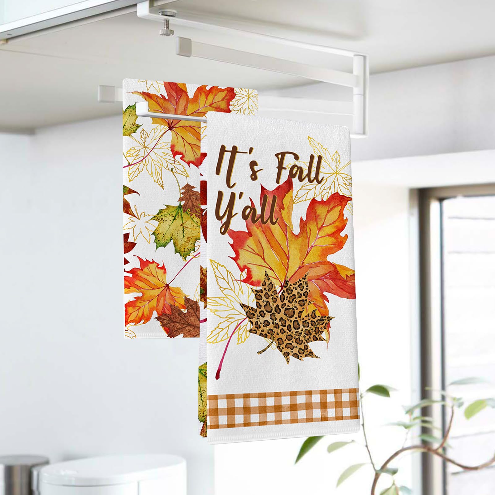 Seliem It’s Fall Y’All Maple Leaves Kitchen Dish Towel Set of 2, Watercolor Thanksgiving Leopard Leaf Fingertip Towel Hand Drying Baking Cooking Cloth, Autumn Seasonal Home Farmhouse Decoration 18x26