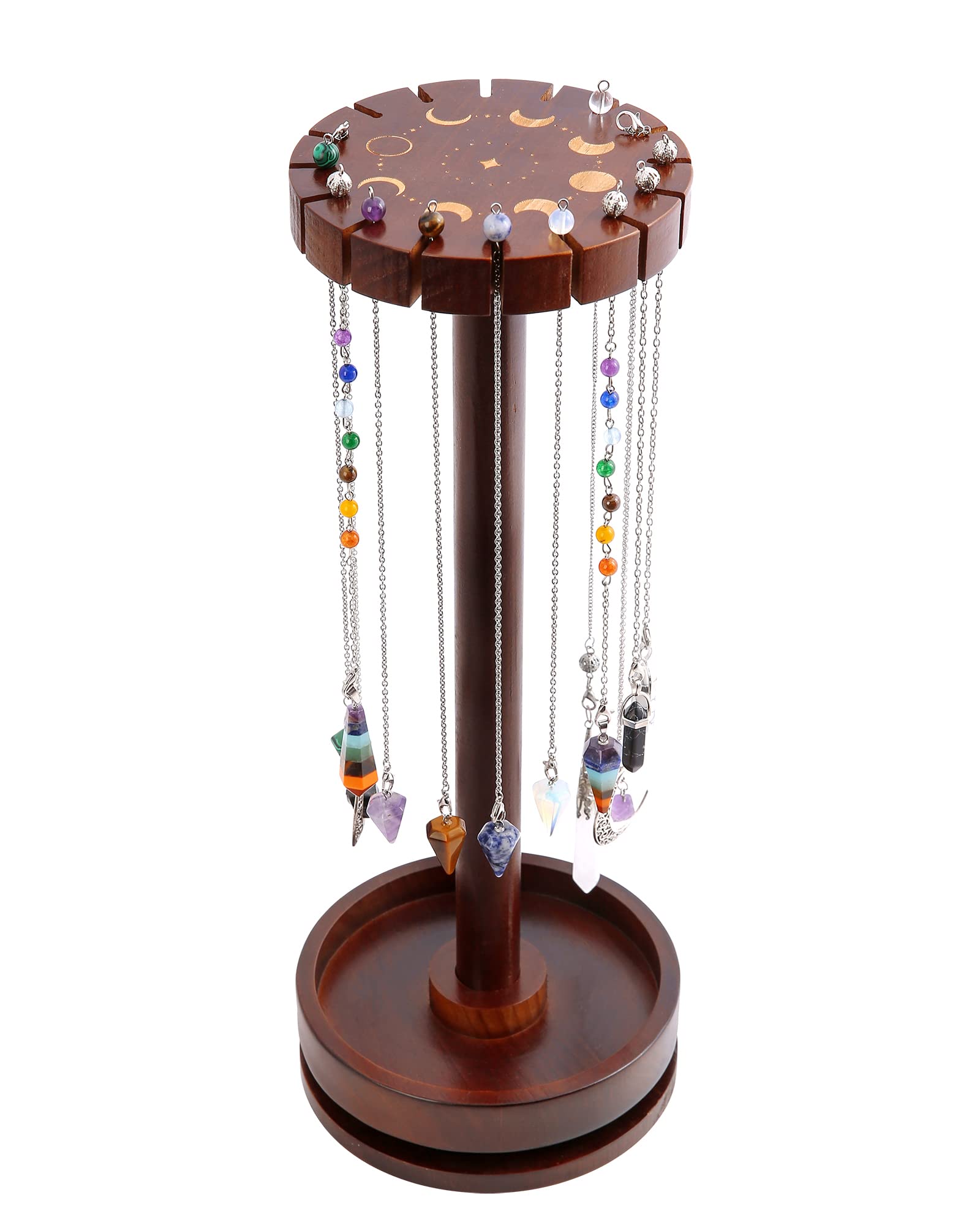 Ceiner Moon Phase Pendulum Display Stand with Tray, Wood Wiccan Rotating Crystal Holder for Up 16 Divination Dowsing Pendulums, Witch Organizer for Necklace Healing Stone Gift Rack