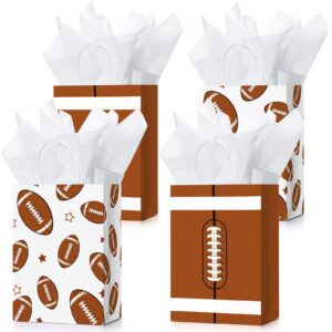 16 pcs sports party gift bags with tissue paper baseball football soccer basketball gift goodie favor bags with handle for baseball theme party girls boys birthday decoration (dark brown, football)