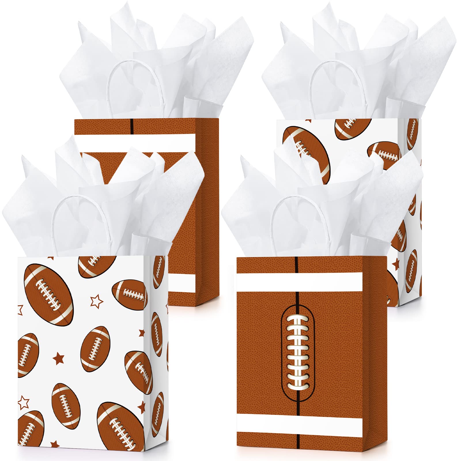 16 Pcs Sports Party Gift Bags with Tissue Paper Baseball Football Soccer Basketball Gift Goodie Favor Bags with Handle for Baseball Theme Party Girls Boys Birthday Decoration (Dark Brown, Football)